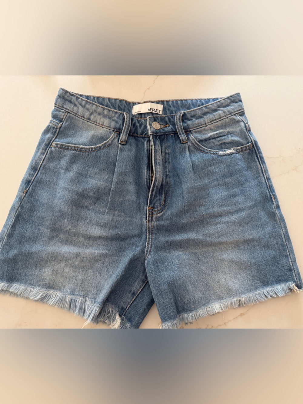 Vervet Medium Wash Frayed Hem Denim Shorts - Women